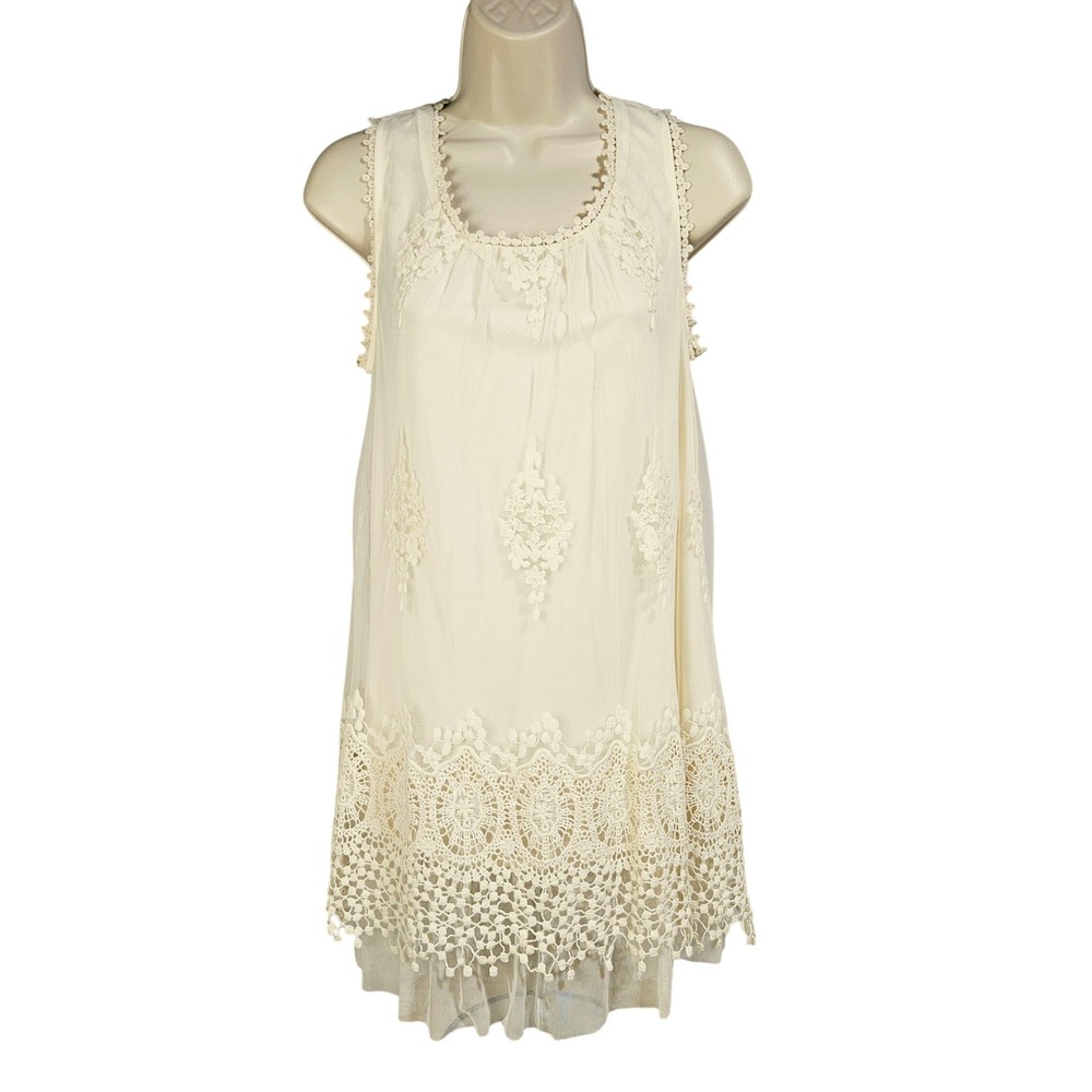 Cal Style Ivory Lace Crochet Mesh Mini Dress Tunic M‎ Boho Romantic Fairycore
